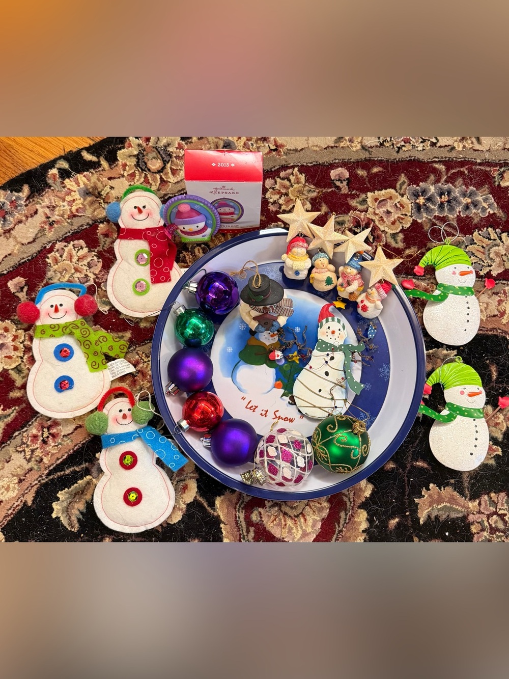 Holiday Snowman Decorative Plate with Assorted Christmas Ornaments -